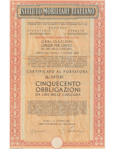 ISTITUTO MOBILIARE ITALIANO 500 OBBLIG. 5% ROMA 1961