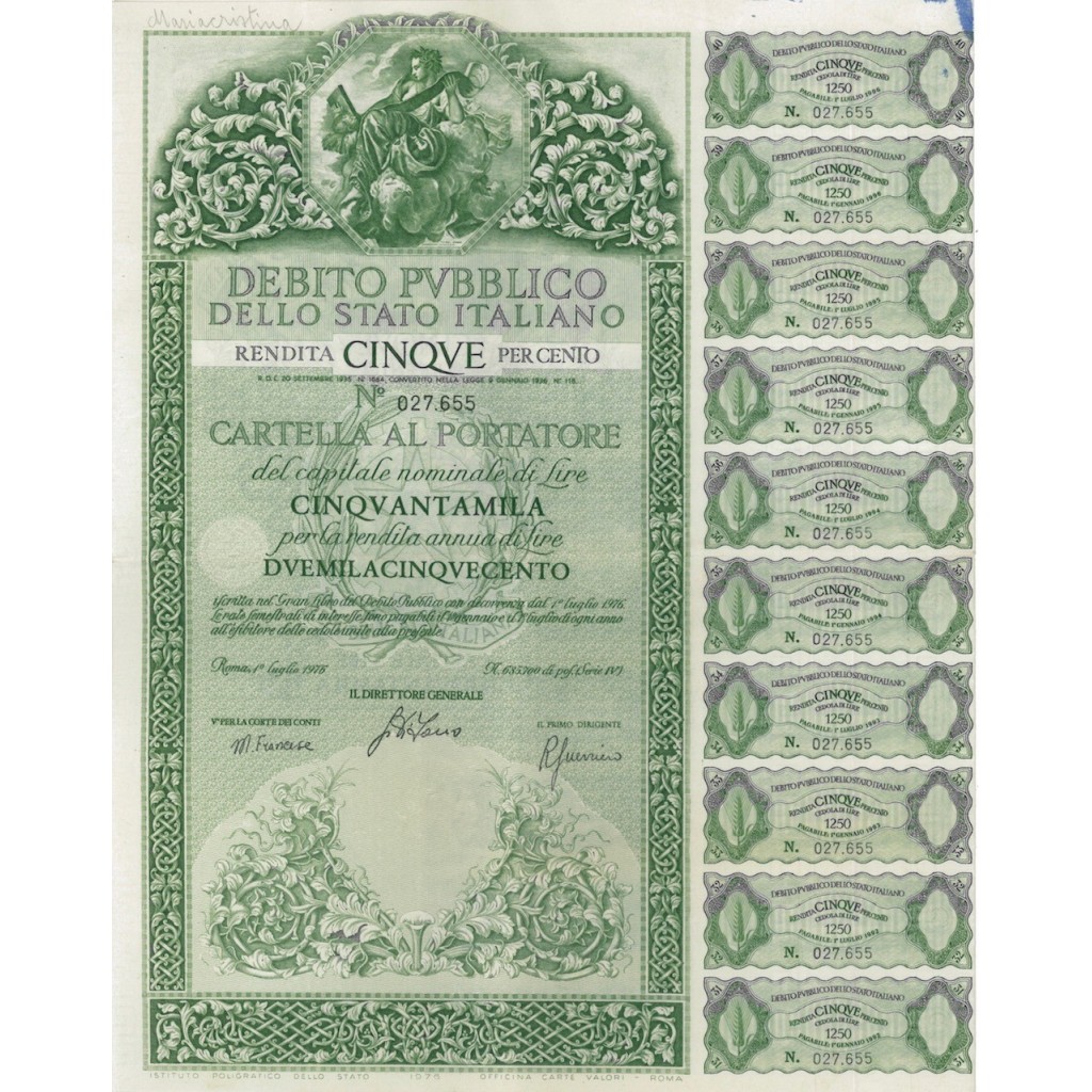 CARTELLA 50000 LIRE NON ANNULLATA - DEB. STATO ITALIANO 1976