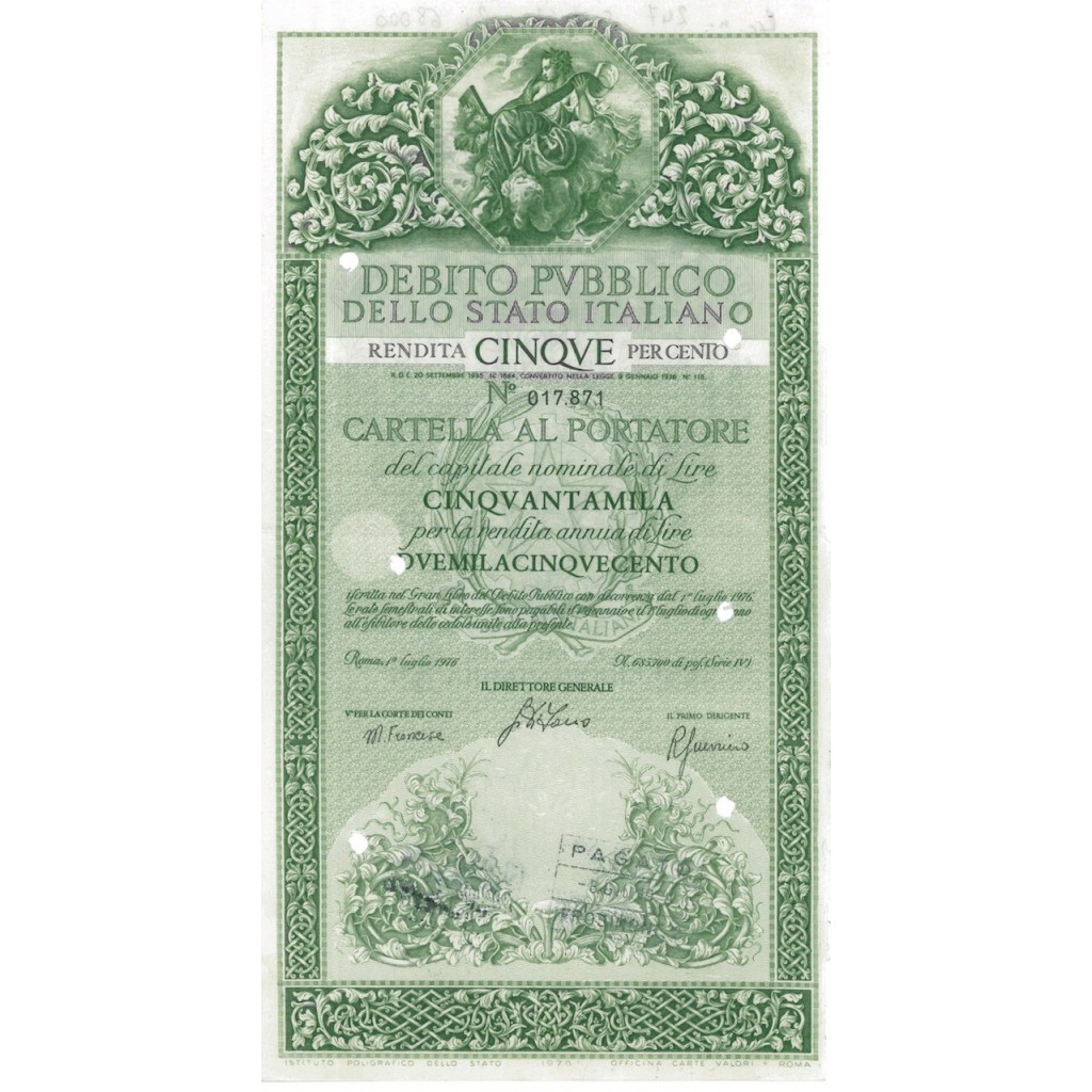 CARTELLA 50000 LIRE ANNULLATA - DEB. STATO ITALIANO 1976