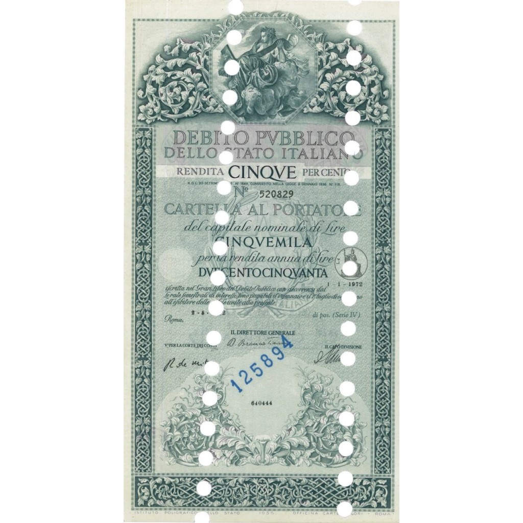 CARTELLA 5000 LIRE ANNULLATA - DEB. STATO ITALIANO 1972