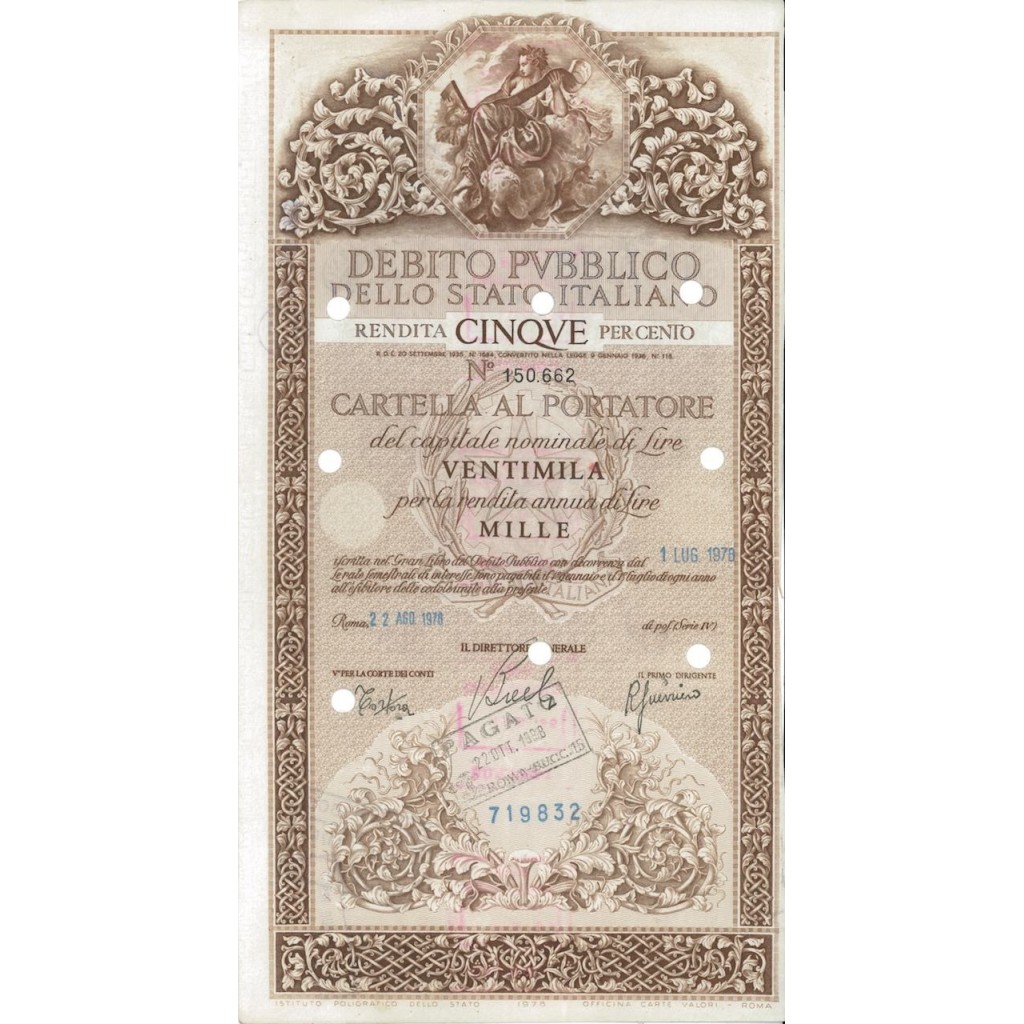 CARTELLA 20000 LIRE ANNULLATA - DEB. STATO ITALIANO 1978