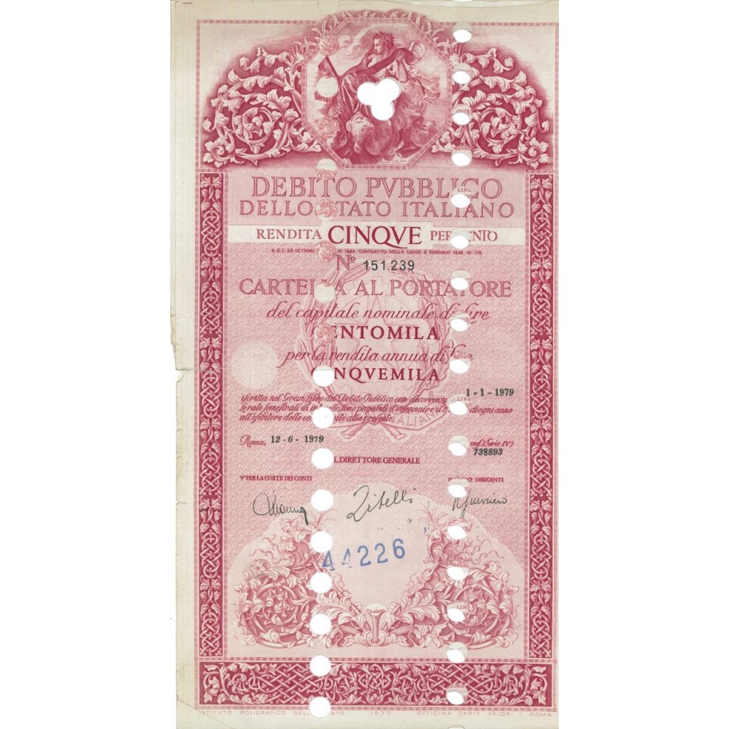 CARTELLA 100000 LIRE ANNULLATA - DEB. STATO ITALIANO 1979