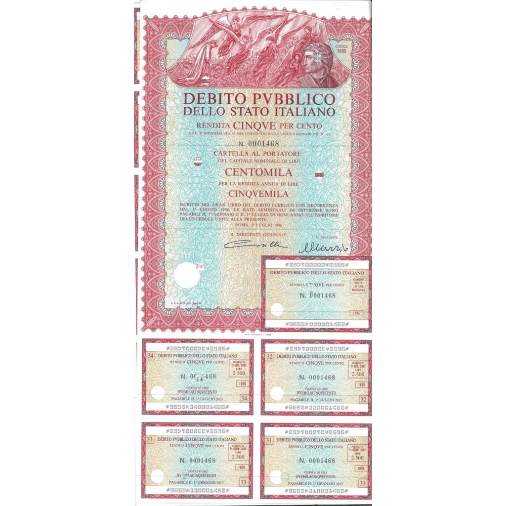 CARTELLA 100000 LIRE ANNULLATA - DEB. STATO ITALIANO 1996