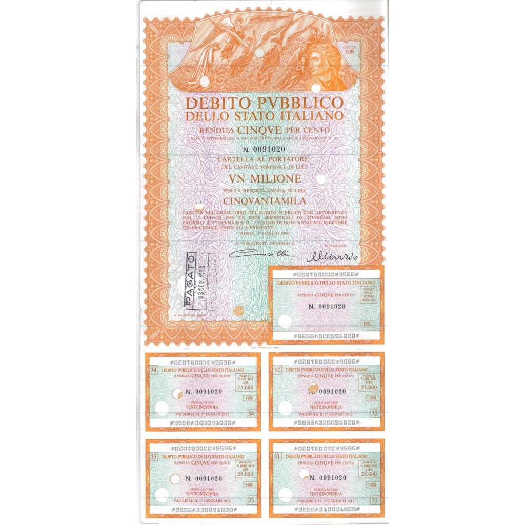 CARTELLA 1000000 LIRE ANNULLATA - DEB. STATO ITALIANO 1996