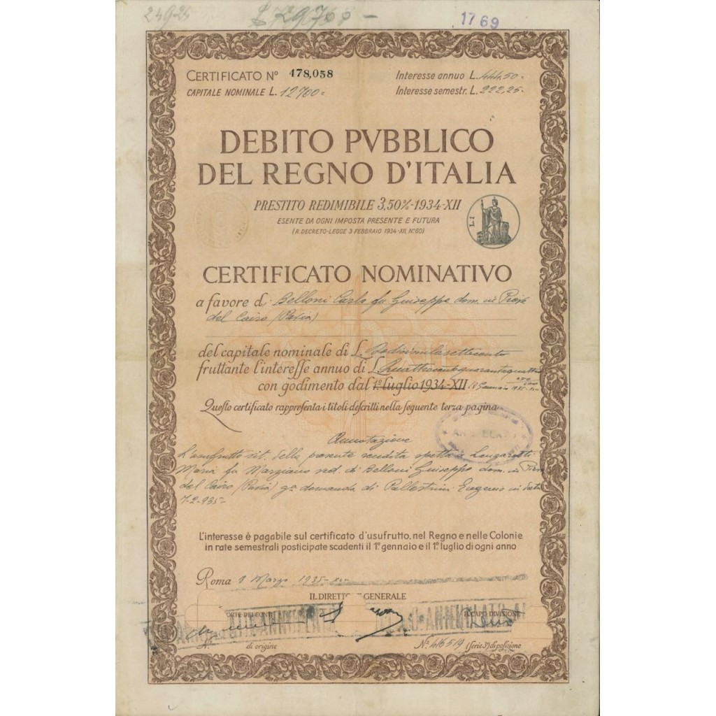 CERTIFICATO NOMINAT. PRESTITO REDIMIBILE 3,50% 1934-XII - ROMA 1935