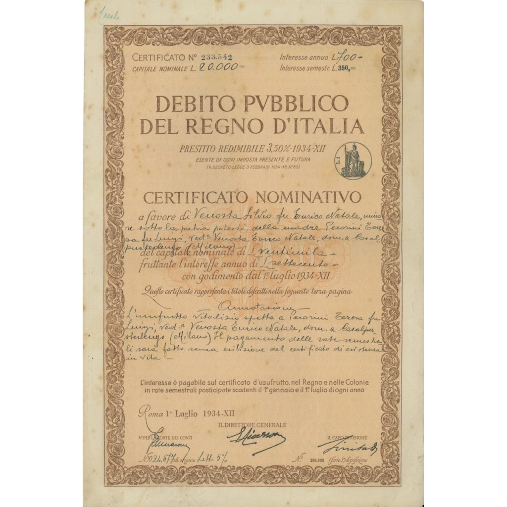 CERTIFICATO NOMINAT. PRESTITO REDIMIBILE 3,50% 1934-XII - ROMA 1934
