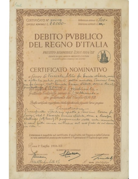 CERTIFICATO NOMINAT. PRESTITO REDIMIBILE 3,50% 1934-XII - ROMA 1934