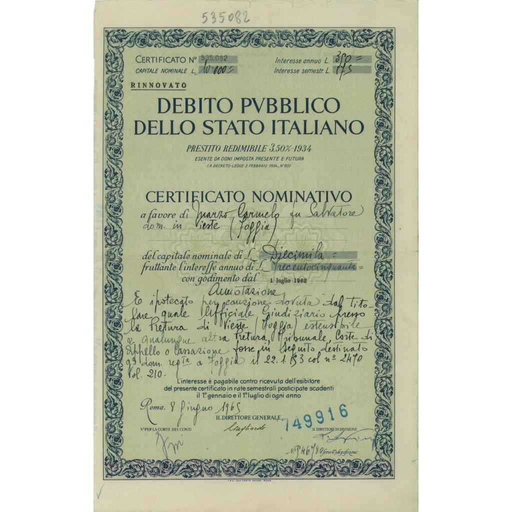CERTIFICATO NOMINAT. PRESTITO REDIMIBILE 3,50% STATO ITALIANO 1965