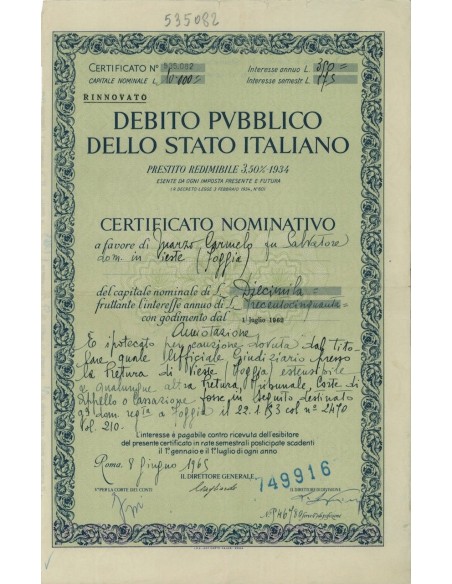 CERTIFICATO NOMINAT. PRESTITO REDIMIBILE 3,50% STATO ITALIANO 1965