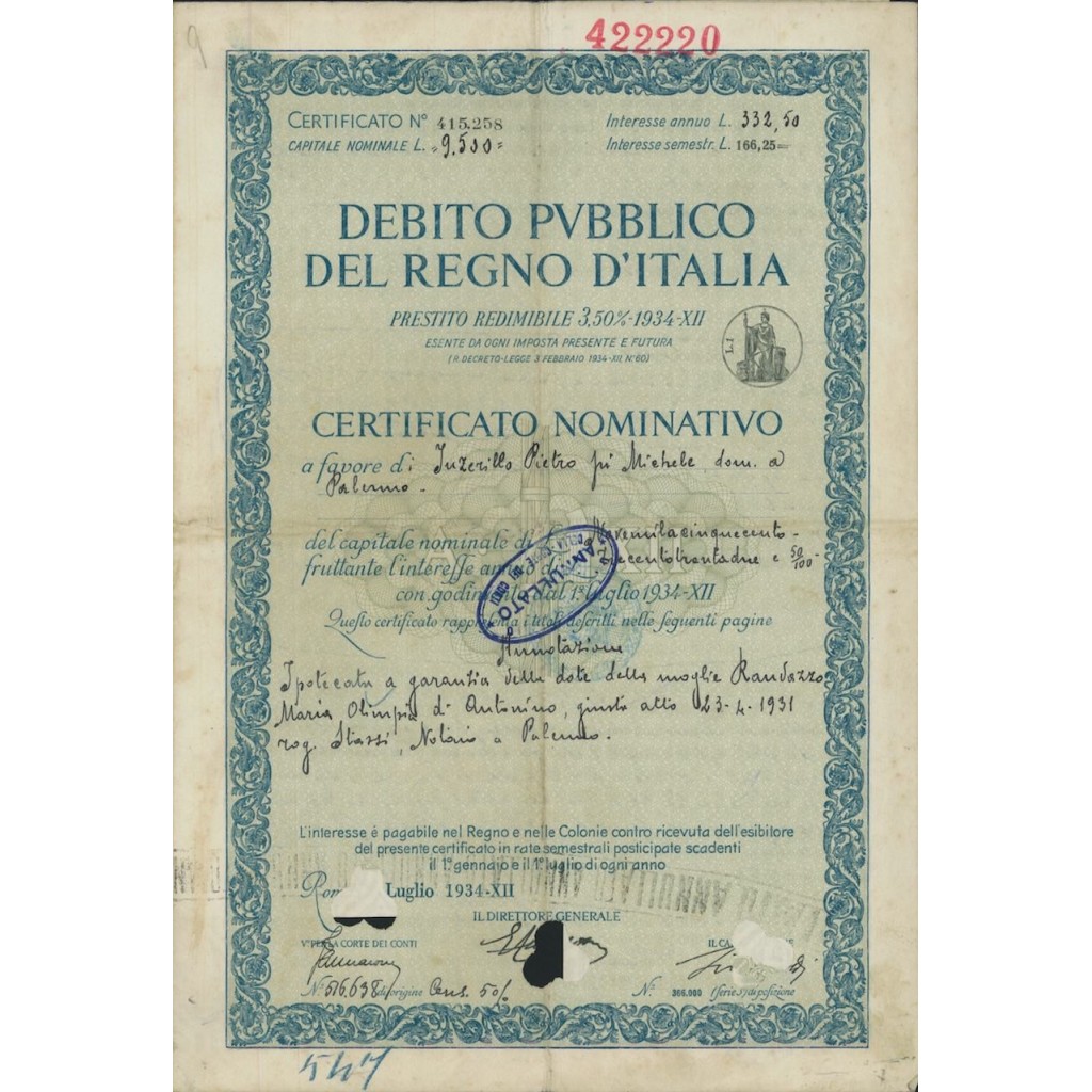 CERTIFICATO NOMINAT. PRESTITO REDIMIBILE 3,50% REGNO D'ITALIA 1934