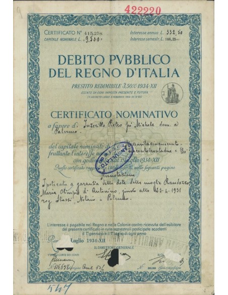 CERTIFICATO NOMINAT. PRESTITO REDIMIBILE 3,50% REGNO D'ITALIA 1934