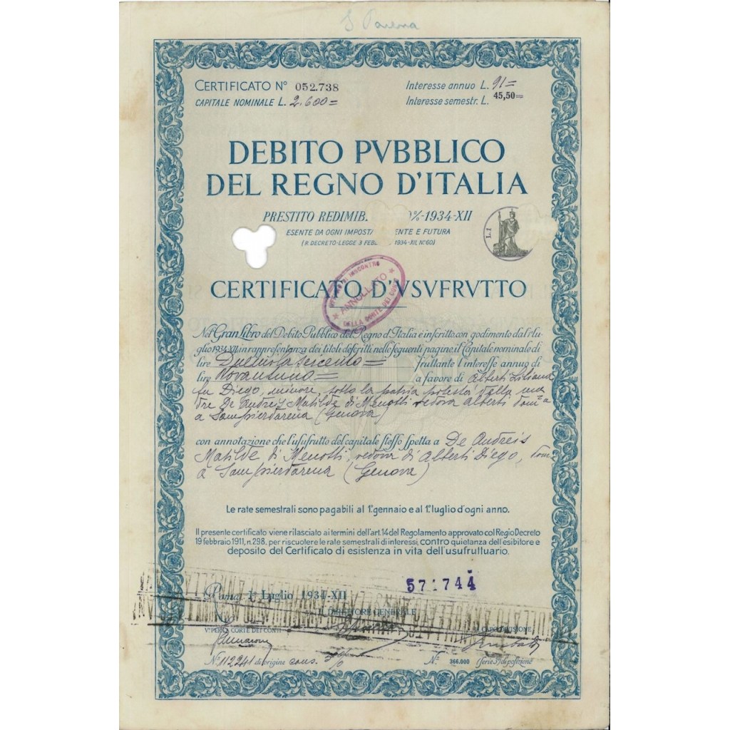CERTIFICATO USUFRUTTO. PRESTITO REDIMIBILE 3,50% REGNO D'ITALIA 1934