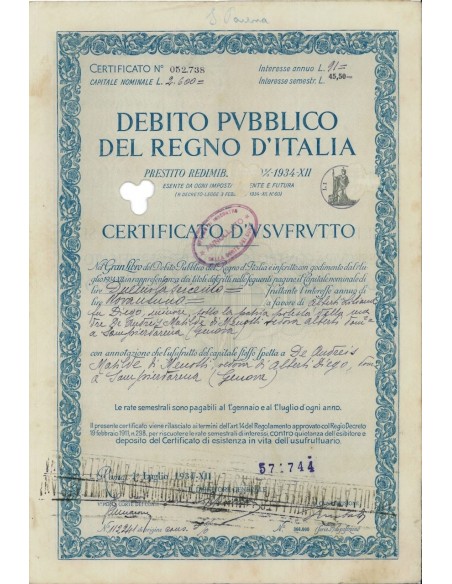 CERTIFICATO USUFRUTTO. PRESTITO REDIMIBILE 3,50% REGNO D'ITALIA 1934