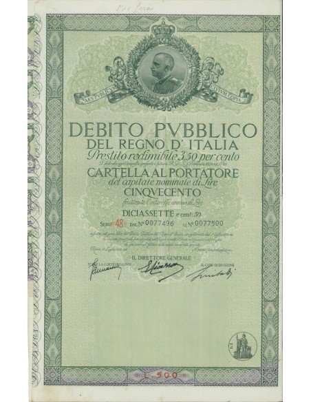 CARTELLA 500 LIRE INTERESSE 3,50 % REGNO D'ITALIA 1934
