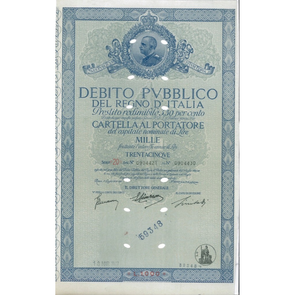 CARTELLA 1000 LIRE INTERESSE 3,50 % REGNO D'ITALIA 1934
