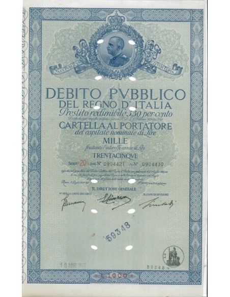 CARTELLA 1000 LIRE INTERESSE 3,50 % REGNO D'ITALIA 1934