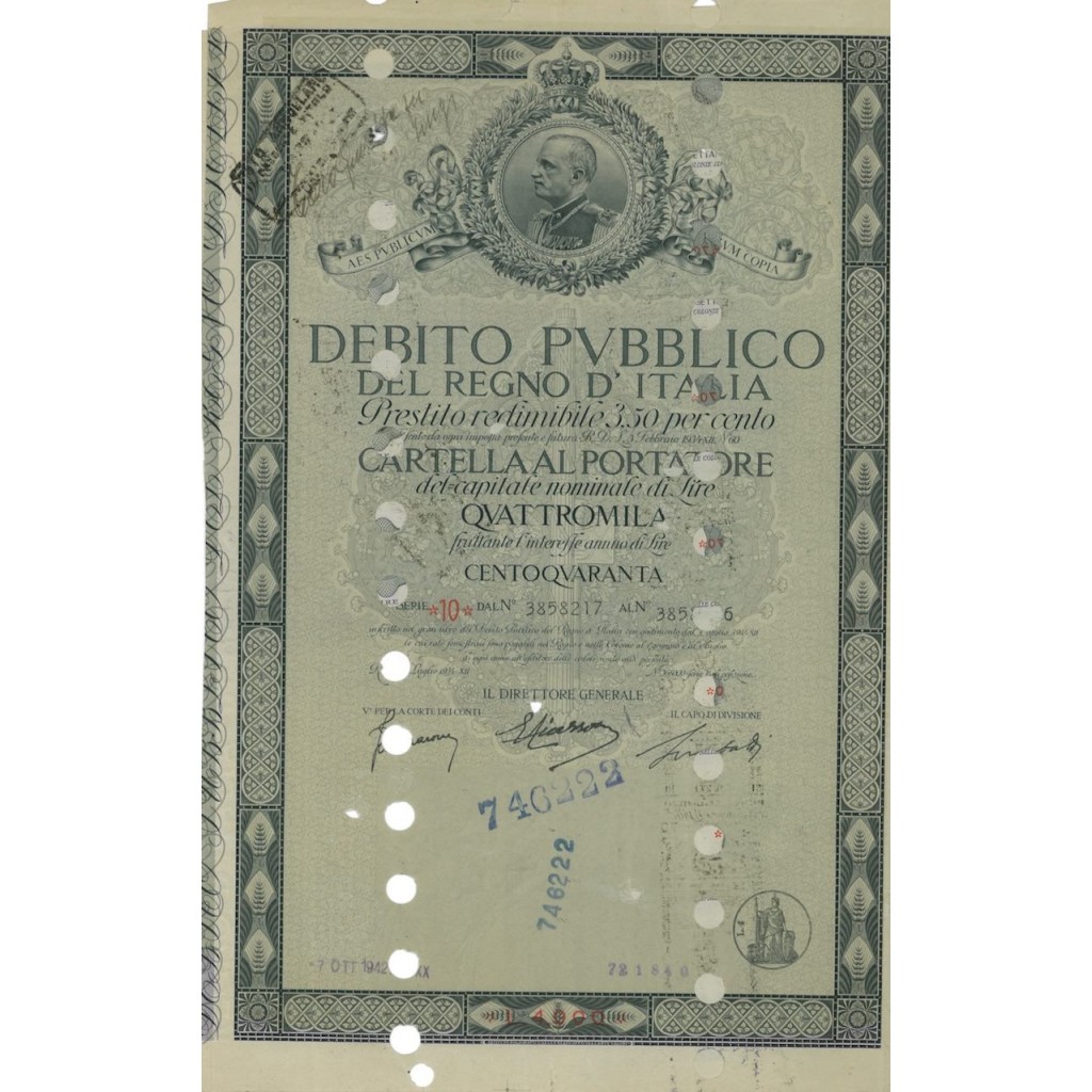 CARTELLA 4000 LIRE INTERESSE 3,50 % REGNO D'ITALIA 1934