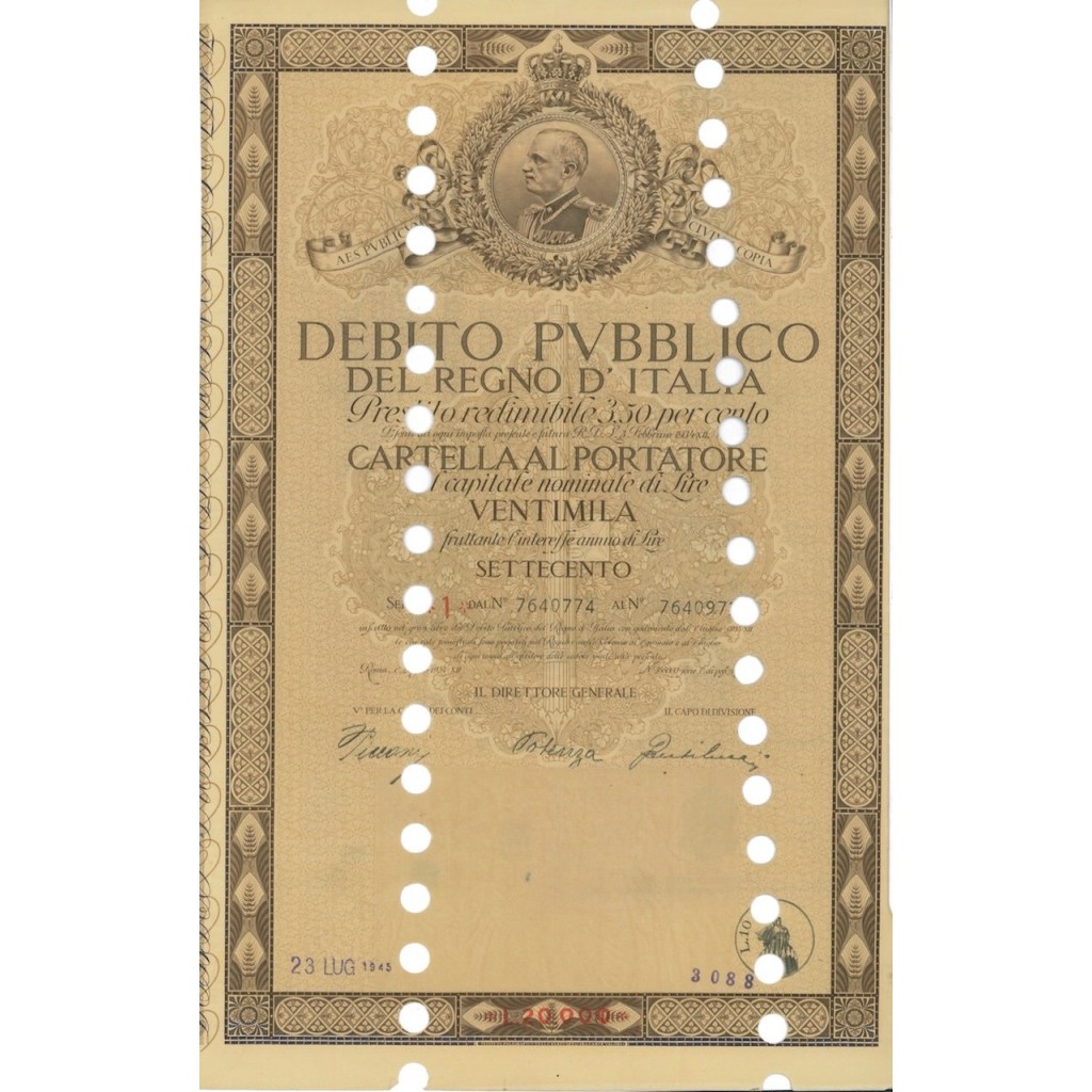 CARTELLA 20000 LIRE INTERESSE 3,50 % REGNO D'ITALIA 1934