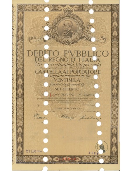 CARTELLA 20000 LIRE INTERESSE 3,50 % REGNO D'ITALIA 1934