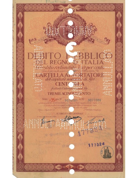 CARTELLA 100000 LIRE INTERESSE 3,50 % REGNO D'ITALIA 1934