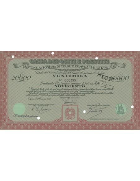 CASSA DEPOSITI E PRESTITI 20 CARTELLE DA 20.000 LIRE 4,50% ROMA 1958
