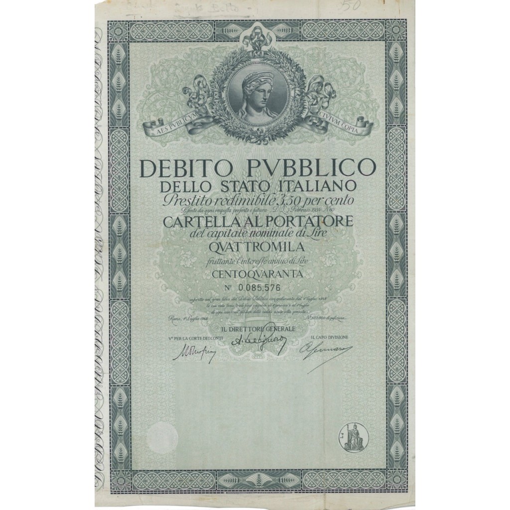 CARTELLA 4000 LIRE INTERESSE 3,50 % ITALIA 1948