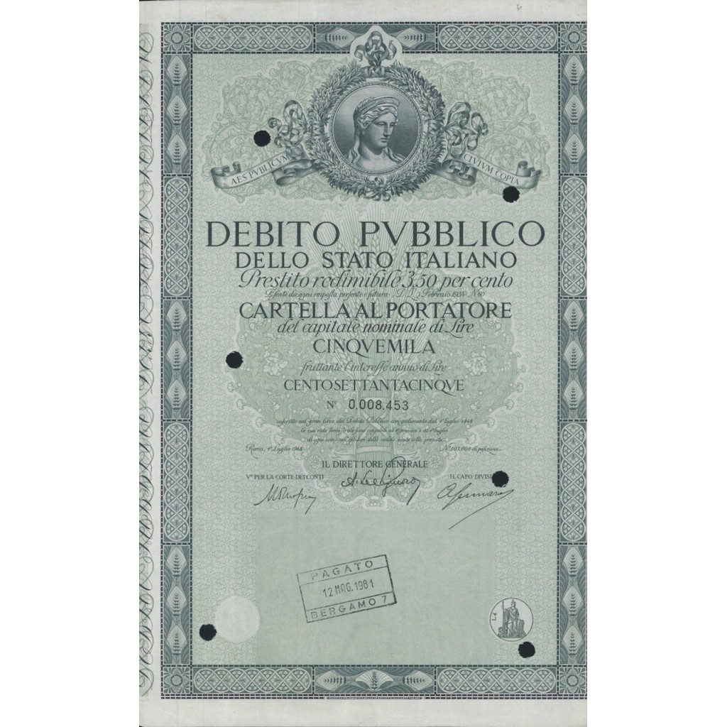 CARTELLA 5000 LIRE INTERESSE 3,50 % ITALIA 1948