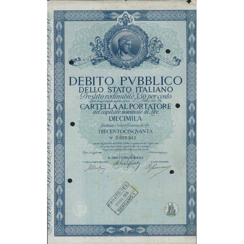 CARTELLA 10000 LIRE INTERESSE 3,50 % ITALIA 1948