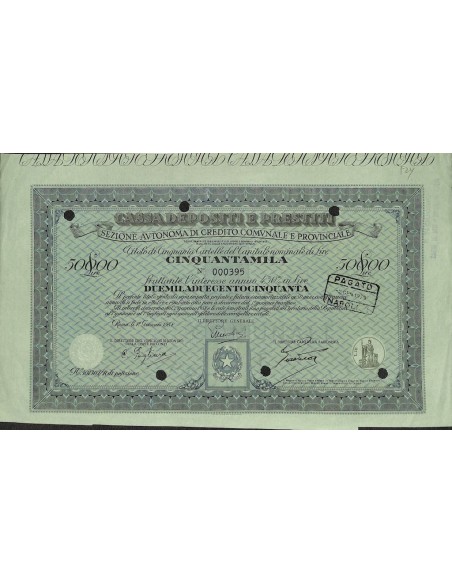CASSA DEPOSITI E PRESTITI TITOLO DI 50 CARTELLE 4,50% ROMA 1958