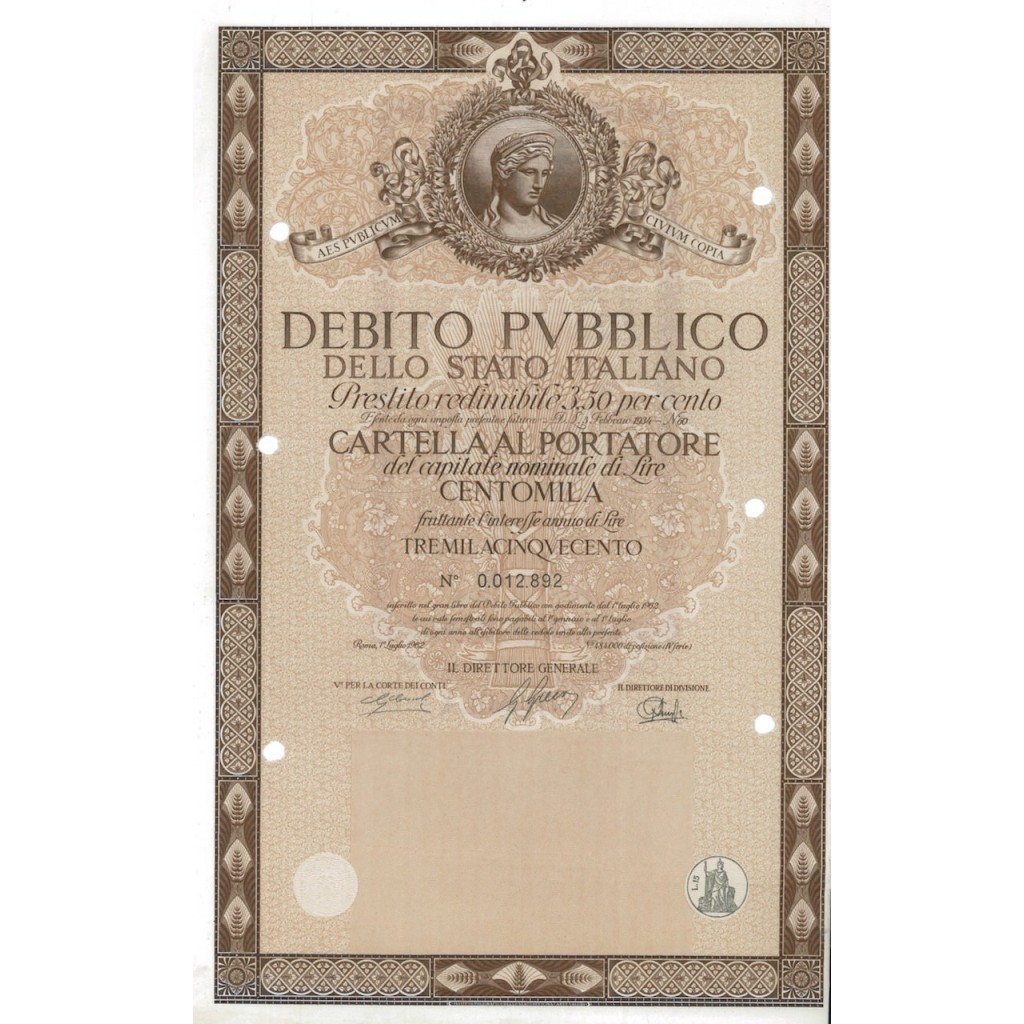 CARTELLA 100000 LIRE INTERESSE 3,50 % ITALIA 1962