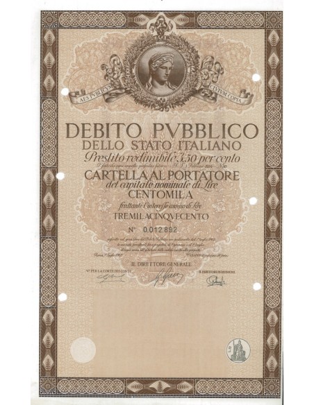 CARTELLA 100000 LIRE INTERESSE 3,50 % ITALIA 1962