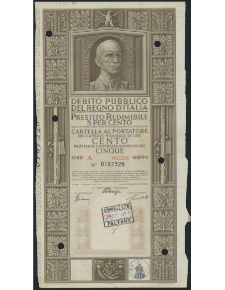 CARTELLA 100 LIRE P. REDIMIBILE SERIE A ANNULLATO - REGNO D'ITALIA 1937