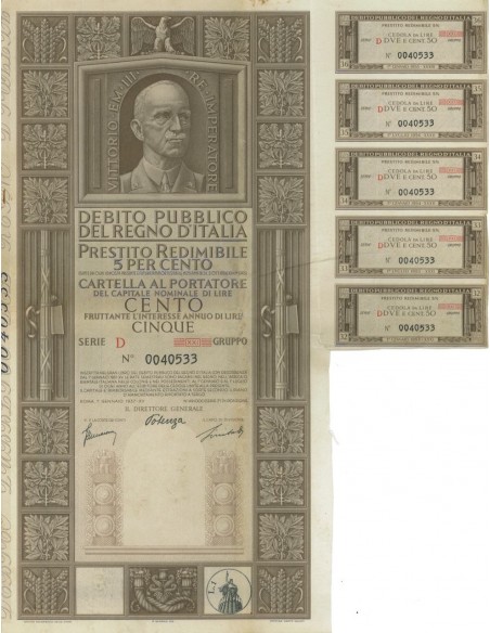 CARTELLA 100 LIRE P. REDIMIBILE SERIE D - NON ANNULLATO REGNO D'ITALIA 1937