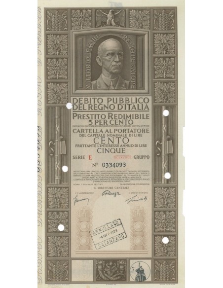 CARTELLA 100 LIRE P. REDIMIBILE SERIE E ANNULLATO REGNO D'ITALIA 1937