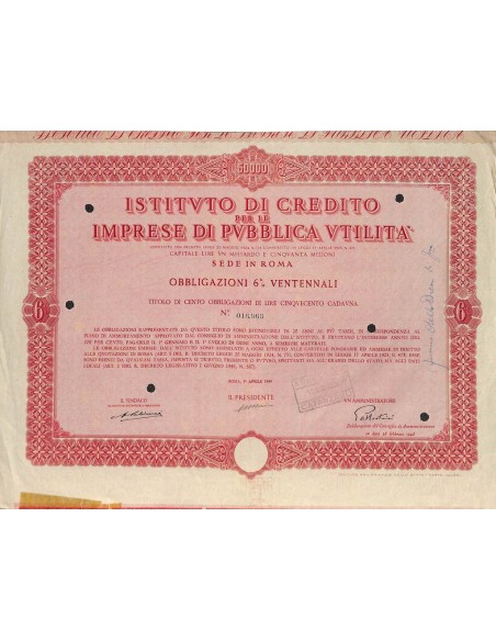 ISTITUTO DI CREDITO PER LE IMPRESE DI PUBBLICA UTILITA` 100 OBBLIG. 6% ROMA 1948