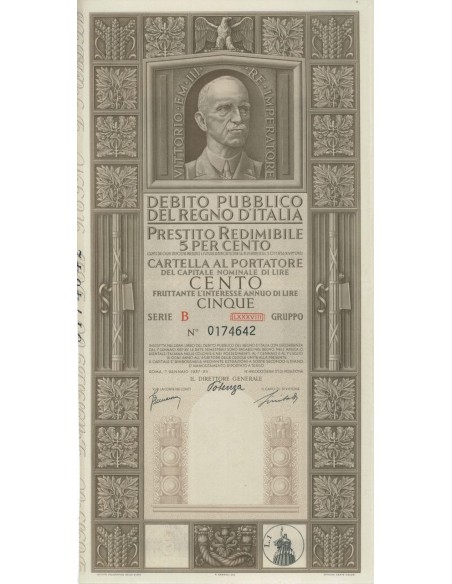 CARTELLA 100 LIRE P. REDIMIBILE SERIE F ANNULLATO - REGNO D'ITALIA 1937