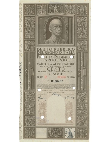 CARTELLA 100 LIRE P. REDIMIBILE SERIE D - ANNULLATO REGNO D'ITALIA 1937