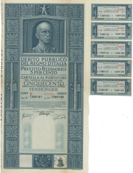 CARTELLA 500 LIRE PRESTITO SERIE B NON ANNULLATO REGNO D'ITALIA 1937