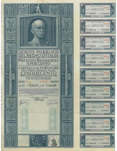 CARTELLA 500 LIRE PRESTITO SERIE C NON ANNULLATO REGNO D'ITALIA 1937