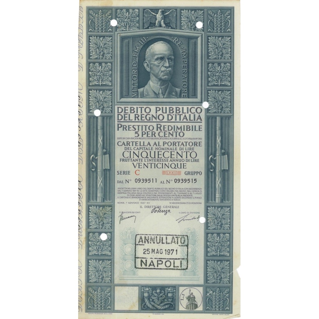 CARTELLA 500 LIRE PRESTITO SERIE C ANNULLATO REGNO D'ITALIA 1937