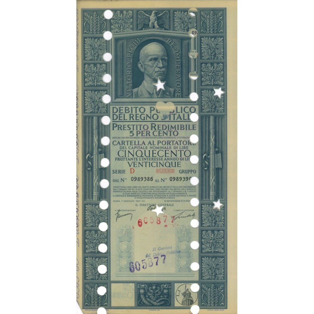 CARTELLA 500 LIRE PRESTITO SERIE D ANNULLATO REGNO D'ITALIA 1937