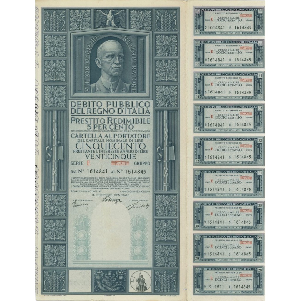 CARTELLA 500 LIRE PRESTITO SERIE E NON ANNULLATO REGNO D'ITALIA 1937