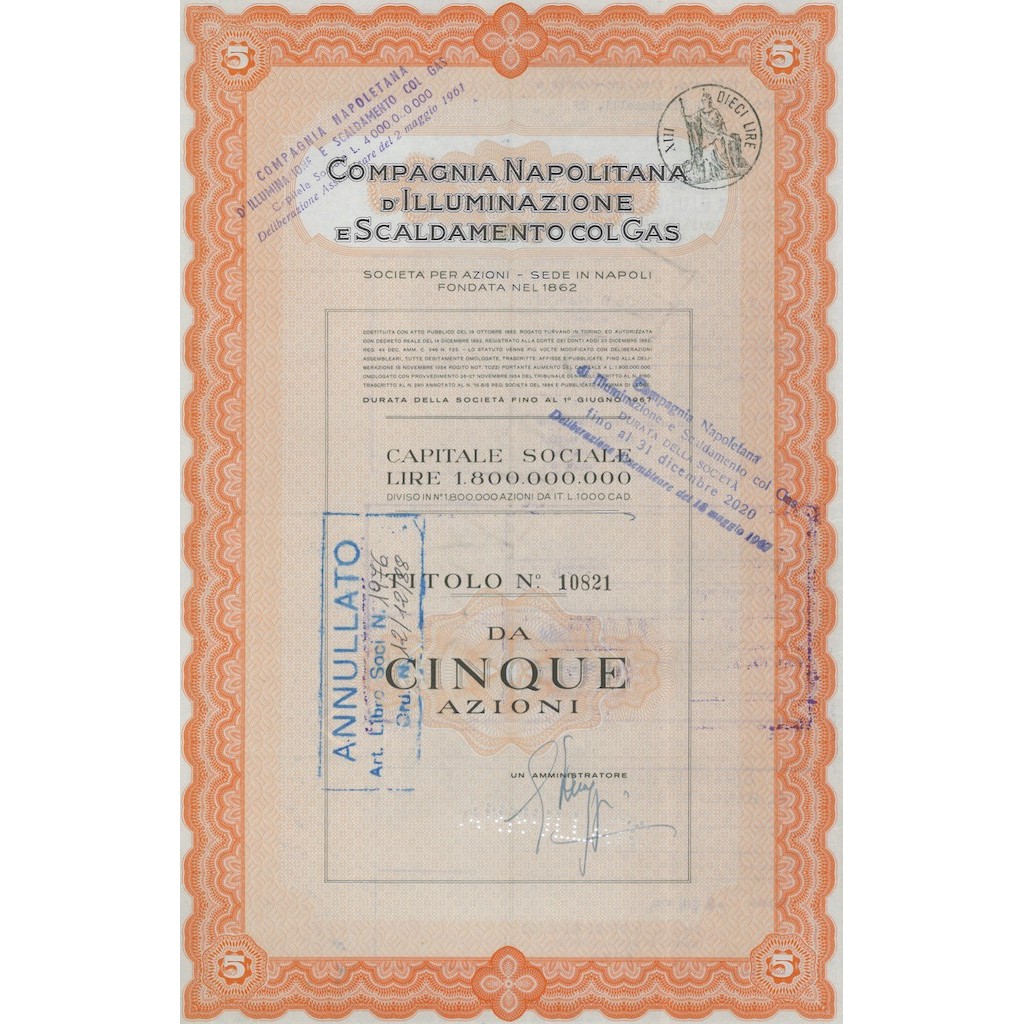 COMPAGNIA NAPOLITANA D' ILLUMINAZIONE E SCALDAMENTO COL GAS - Titolo al portatore per cinque azionI