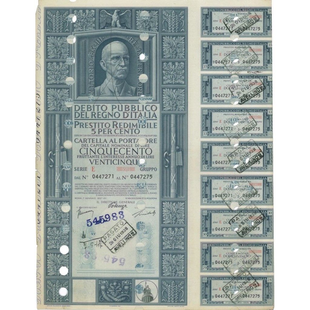 CARTELLA 500 LIRE PRESTITO SERIE E ANNULLATO REGNO D'ITALIA 1937
