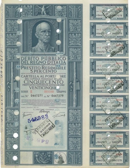 CARTELLA 500 LIRE PRESTITO SERIE E ANNULLATO REGNO D'ITALIA 1937