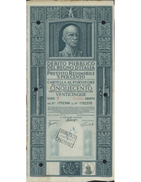 CARTELLA 500 LIRE PRESTITO SERIE F ANNULLATO REGNO D'ITALIA 1937