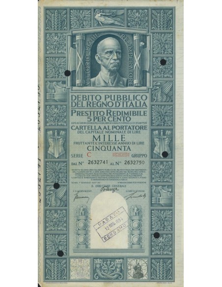 CARTELLA 1000 LIRE PRESTITO SERIE C ANNULLATO REGNO D'ITALIA 1937