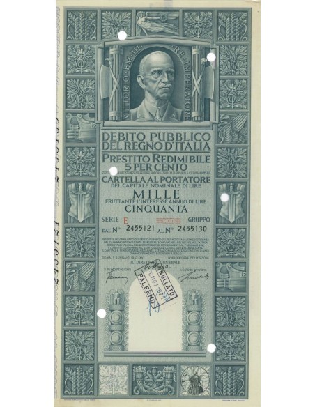 CARTELLA 1000 LIRE PRESTITO SERIE E ANNULLATO REGNO D'ITALIA 1937