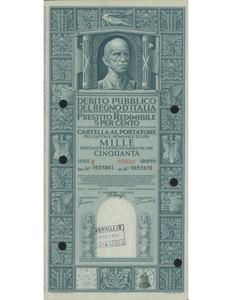 CARTELLA 1000 LIRE PRESTITO SERIE F ANNULLATO REGNO D'ITALIA 1937