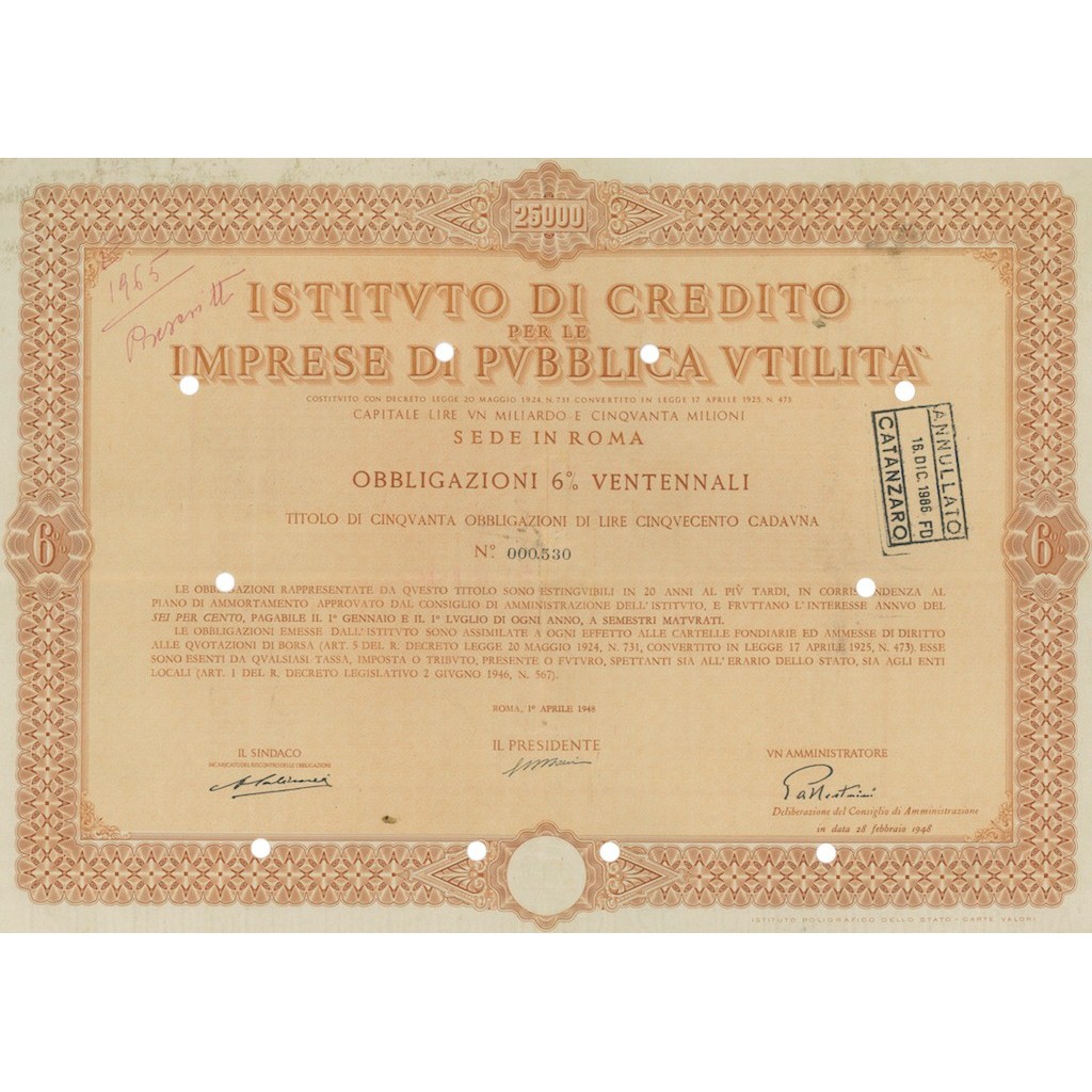ISTITUTO DI CREDITO PER LE IMPRESE DI PUBBLICA UTILITA` 50 OBBLIG. 6% ROMA 1948